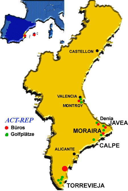 Spanien Karte unsere Büros und Golfplätze